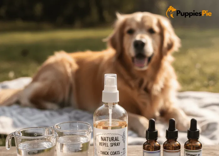 Homemade Flea Spray for Dogs: A Safe, Natural Fix for Itchy Problems 4 DIY essential oil flea spray for dogs using water, vinegar, lavender, cedarwood, and peppermint for natural flea repelling.