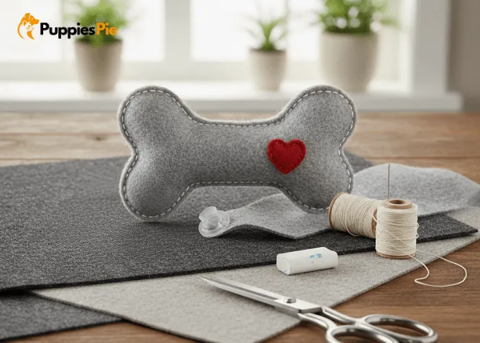 DIY classic felt bone dog toy made from wool felt, thread, stuffing, and optional squeaker