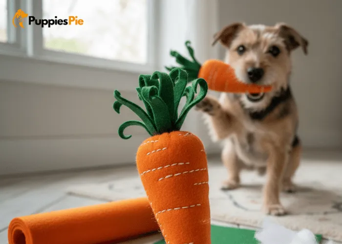 DIY stuffed felt carrot dog toy made from orange and green felt with thread and stuffing.