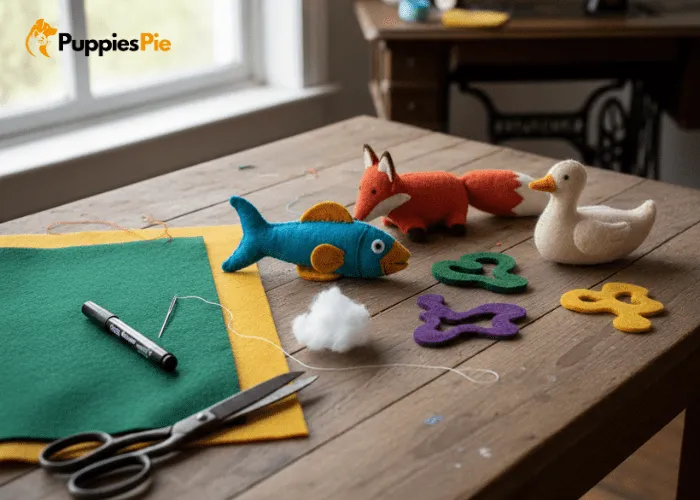 DIY flat felt critter dog toys, stitched from felt sheets with light stuffing in shapes like fish or foxes.