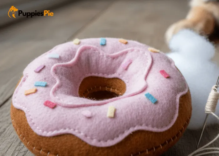 DIY felt donut dog toy made from felt circles, stitched with stuffing and optional frosting layer