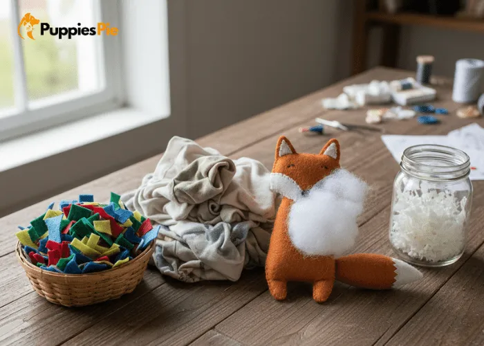 Safe stuffing options for DIY felt dog toys fiberfill, scrap felt, T-shirt pieces, or crinkle paper.