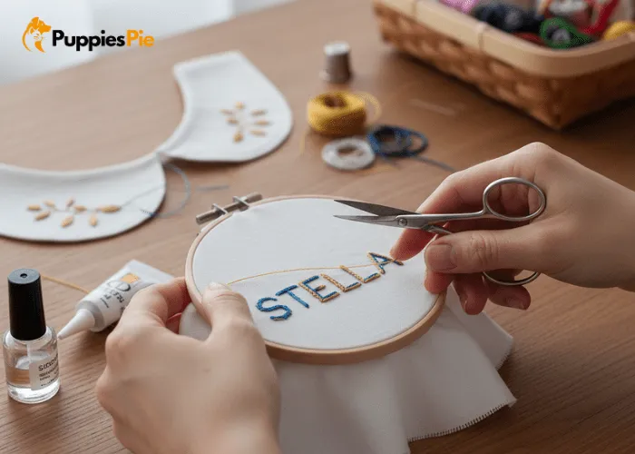 Dog Collar Embroidery: Personalize Your Pup’s Style the Easy Way 5 Finishing embroidery on a dog collar by tying a knot, trimming thread, and securing with clear nail polish or fabric glue to prevent fraying.