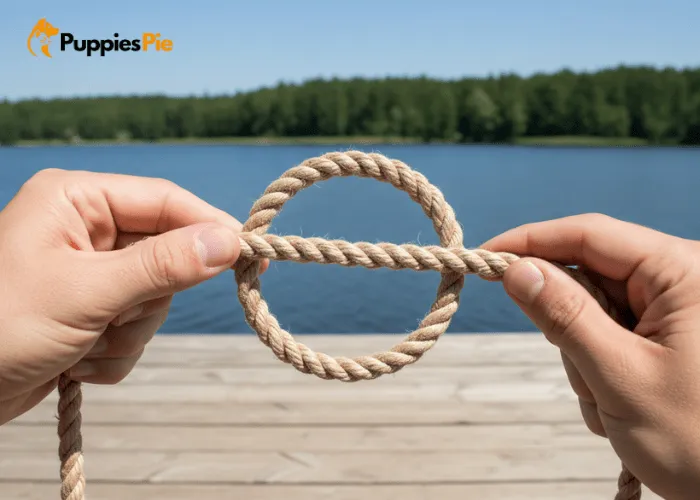 Hands forming a small 3-inch loop in the rope by crossing the working end over the standing part to begin tying a rope ball dog toy.