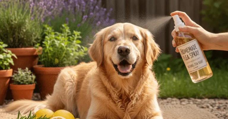 Homemade natural flea spray for dogs made with safe, pet friendly ingredients for itch relief and grooming.