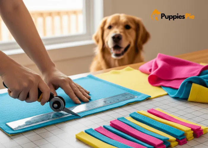 DIY Scented Snuffle Mat from Fleece: The Ultimate Enrichment Toy 1 Cutting long, thin fleece strips with scissors and a ruler to prepare materials for a DIY dog snuffle mat.