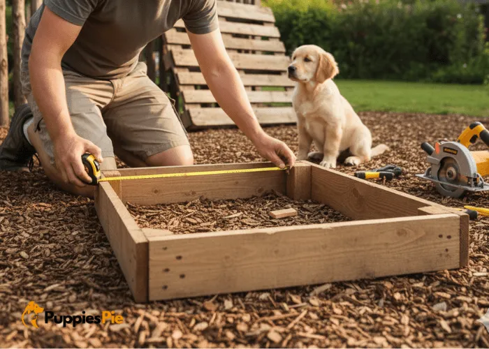 Build a Dog Fence Gate from Pallets: A Simple DIY Guide 3 Measuring a gate opening and building a rectangular wood frame from pallet boards for a DIY dog fence gate.