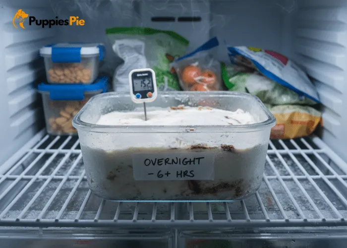 Freezing chicken broth cubes overnight in silicone molds until fully solid for dog treats.