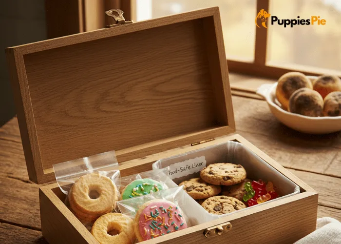 Tips for keeping dog treats fresh in a box, including sealed bags, food-safe liners, and storing away from heat or moisture.