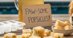 Frozen chicken broth cubes for dogs, a simple and healthy summer treat to keep pets cool and hydrated.