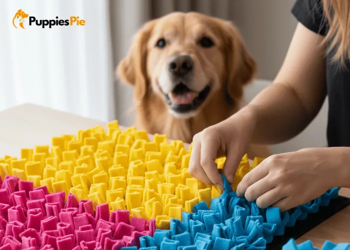 DIY Scented Snuffle Mat from Fleece: The Ultimate Enrichment Toy 3 Fleece strips knotted through every hole of a rubber base to create a dense DIY snuffle mat for dogs.