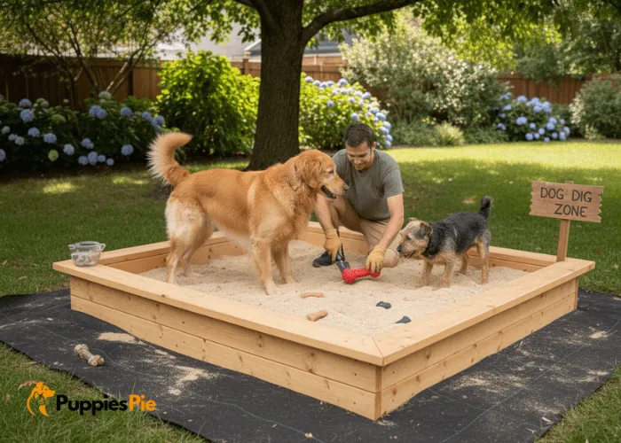 Build a Backyard Digging Pit for Dogs That They’ll Love 5 Hiding dog toys and treats inside a backyard digging pit to encourage dogs to dig in the designated safe area.