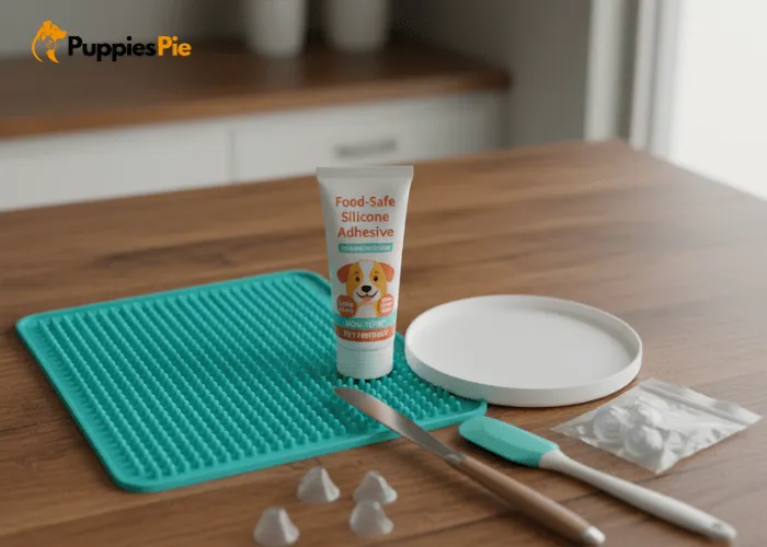 How to Make a Lick Mat at Home (Easy DIY Guide) 1 Materials for homemade dog lick mat including trivet, food safe glue, and spatula.