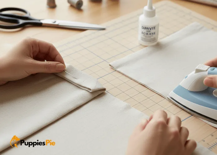 Dog Couch Cover DIY: Protect Your Furniture the Smart Way 4 Using fabric glue or iron-on hem tape to seal the edges of a homemade pet couch protector.