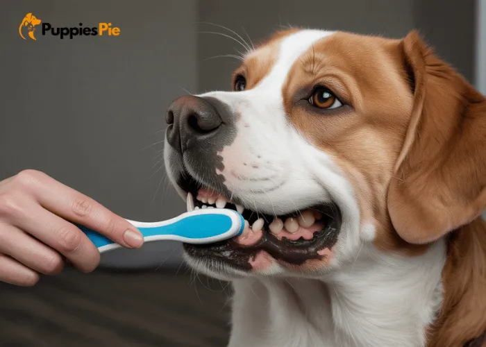 Signs of good dog dental health including fresh breath, pink gums, no tartar buildup, and no bleeding during brushing.