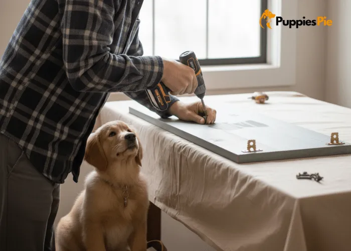 How to Make a Dog-Themed Key Holder at Home (Fun & Easy) 6 Attaching hanging hardware like D-rings or sawtooth hangers to the back of a dog-themed wooden key holder for wall mounting near the entrance.