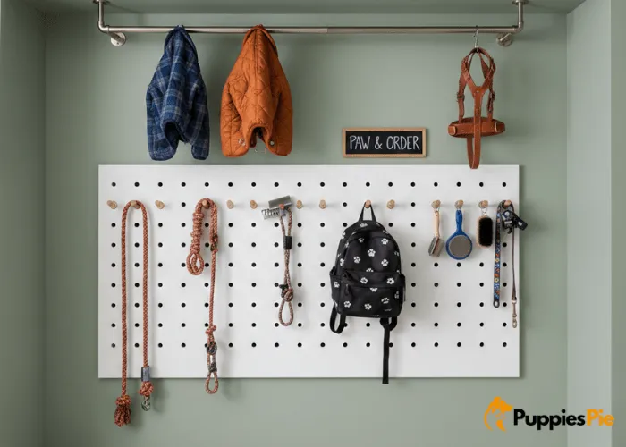 Rod and hooks in pet closet for hanging leashes, jackets, and accessories.
