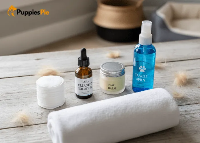Extra dog grooming items including cotton pads, ear cleaner, paw balm, tangle spray, and a small drying cloth.