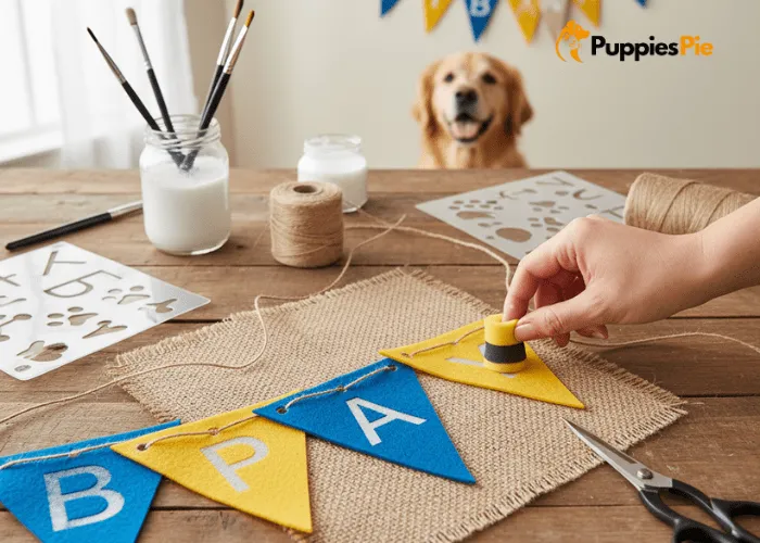 DIY Dog Birthday Party Decor: Ultimate Guide to Pet Celebrations 1 Pet birthday party banner crafted from stiff felt pennant shapes with stenciled lettering and non toxic paint.