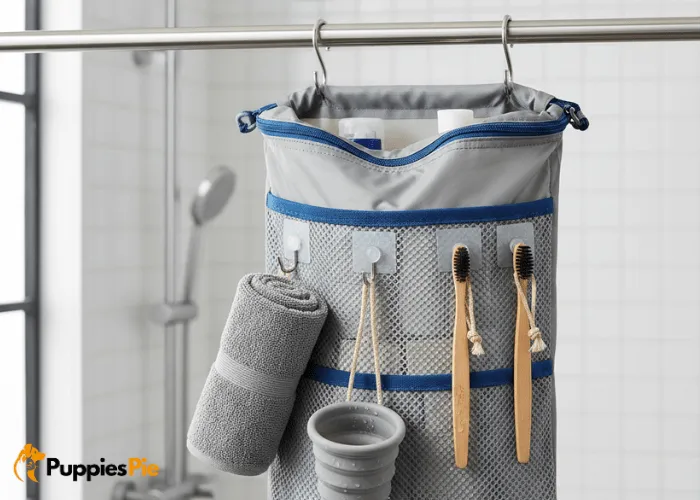 DIY dog bath caddy with added hooks on the outside for hanging towels and grooming tools.