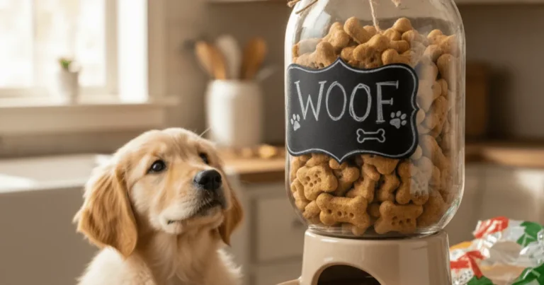 A homemade mason jar treat dispenser designed for dogs, showing a jar attached to a base that releases treats when the dog nudges or spins it.