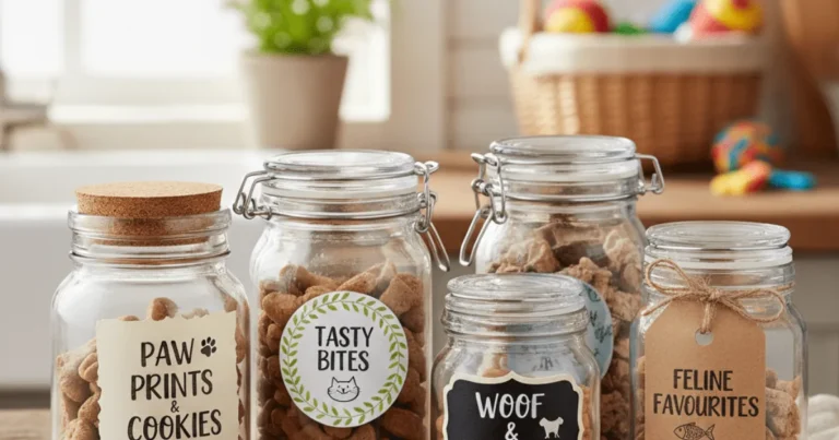 Stylish DIY dog treat jars with custom labels displayed on a countertop.