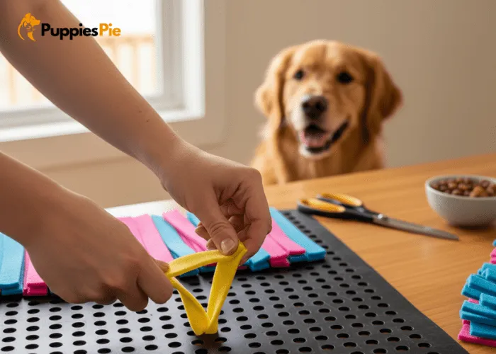 DIY Scented Snuffle Mat from Fleece: The Ultimate Enrichment Toy 2 Hands looping a folded fleece strip through a rubber utility mat hole to form the first knot of a DIY dog snuffle mat.
