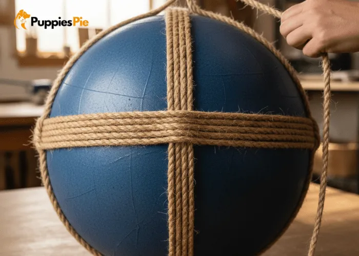 Wrapping rope tightly around the forming ball in a new direction to create an evenly shaped DIY rope dog toy.