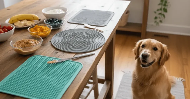 Easy DIY lick mat made at home using a flat tray with spreadable dog-safe treats for stress relief and slow feeding.