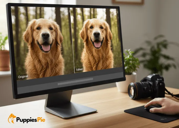 Adjusting light and shadow in a dog photo to reveal clearer fur detail for a calendar shot