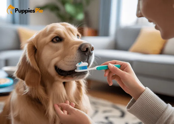 Dog learning to accept toothbrushing gradually with positive reinforcement, small amounts of toothpaste, and calm brushing environments.