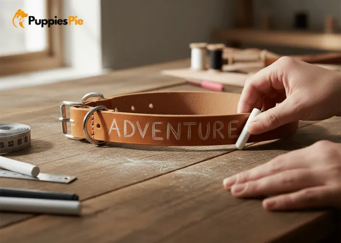 Dog Collar Embroidery: Personalize Your Pup’s Style the Easy Way 2 Marking a dog collar with chalk or washable marker to sketch centered embroidery design or letters before stitching.