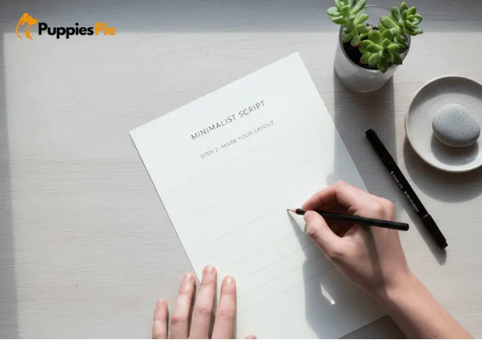 Light pencil guidelines drawn on a blank dog tag to position the text evenly for a clean, minimalist layout.