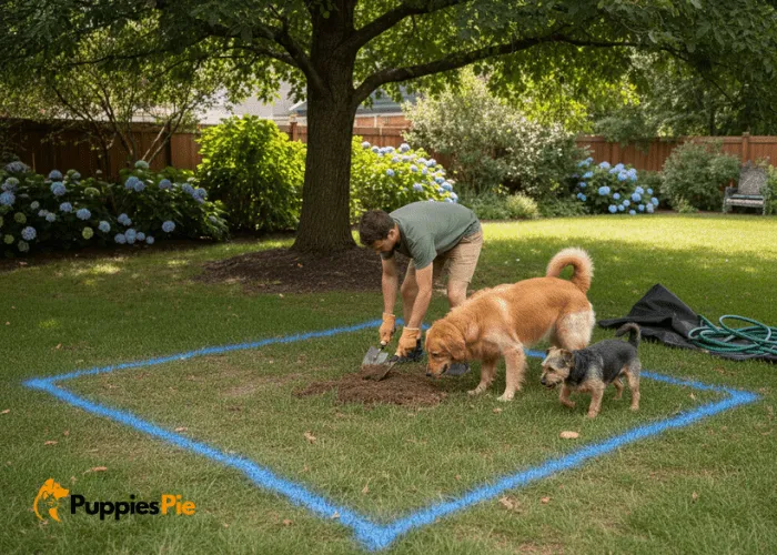 Build a Backyard Digging Pit for Dogs That They’ll Love 1 Marking a 4x4 foot square in the backyard with rope or spray paint and clearing grass to prepare a designated digging pit area for a dog.