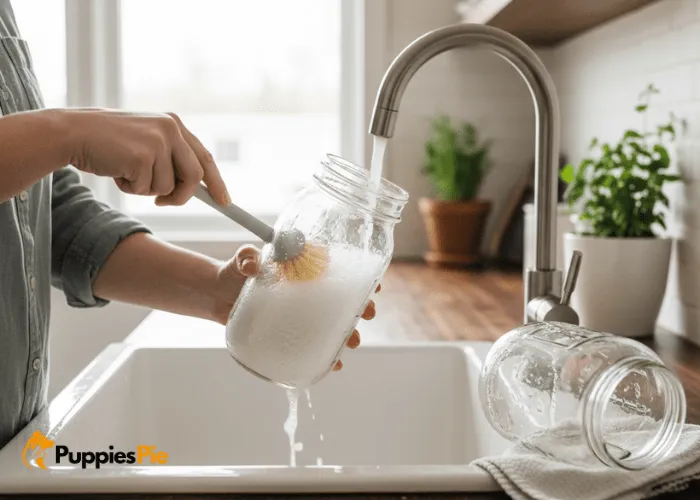 Cleaning and drying a mason jar thoroughly before using it as a DIY dog treat dispenser to keep treats fresh and safe.