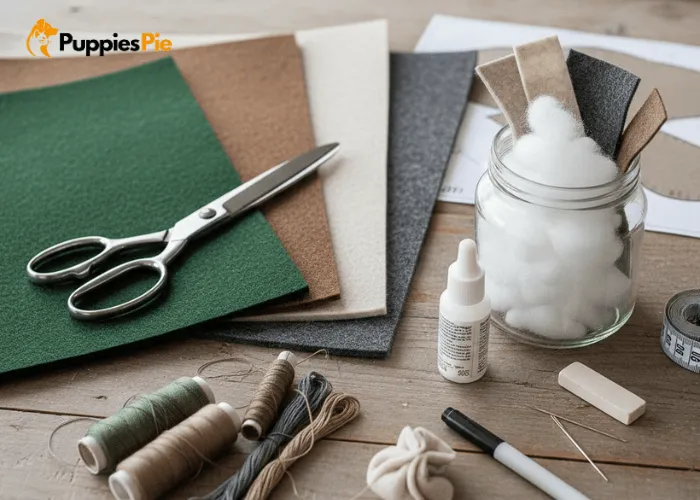 Durable felt dog toy materials: felt, thread, stuffing, scissors, and needle.