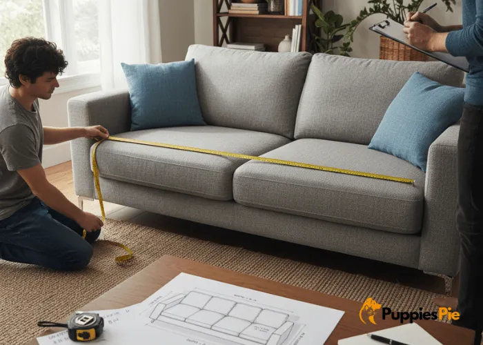 Dog Couch Cover DIY: Protect Your Furniture the Smart Way 1 Measuring a sofa with a tape measure to create a perfectly fitted DIY dog couch cover.