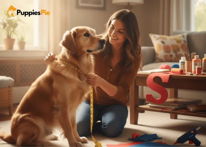 DIY Dog Costume Ideas for Fun Reels and Photos 1 Dog standing while owner measures from neck to tail with a soft measuring tape to determine cape length for a DIY costume.