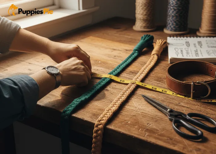 DIY Matching Dog & Owner Bracelets: Craft a Stylish Symbol of Your Bond 1 Pet parent using a soft tape to measure for handmade bracelets for both dog and owner before cutting the cord.