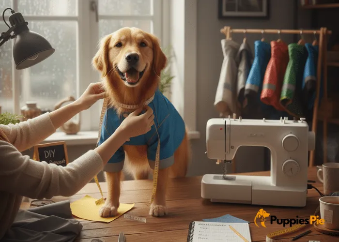 Make a Dog Raincoat at Home: A Step-by-Step DIY Guide 1 Dog standing while owner records three key measurements needed to cut raincoat fabric properly.