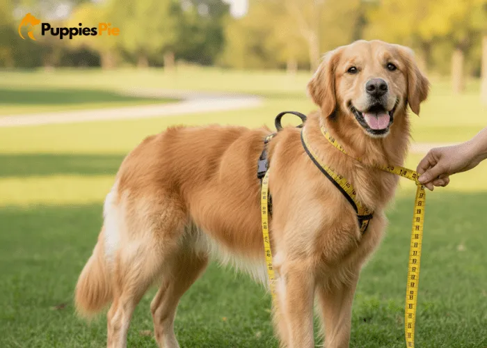 Key dog harness measurements showing chest girth, neck-to-chest length, and shoulder strap placement.