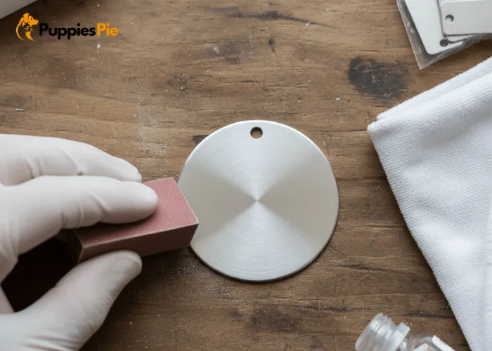 Blank metal dog tag being cleaned and lightly sanded to smooth the edges before crafting.