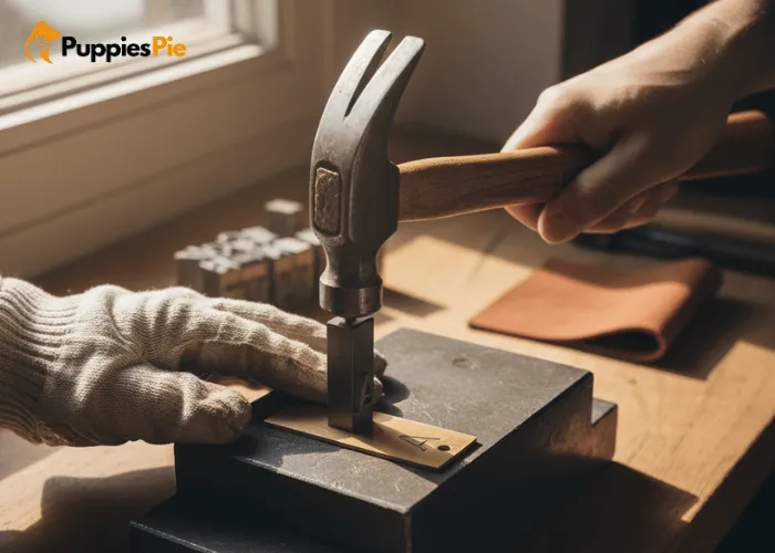 Metal dog tag on a block as a letter stamp is struck with a hammer to create clean, crisp engraved characters.