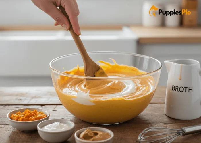 Bowl with pumpkin puree, yogurt, and peanut butter being mixed into a smooth, pourable blend for healthy frozen pumpkin dog treats.