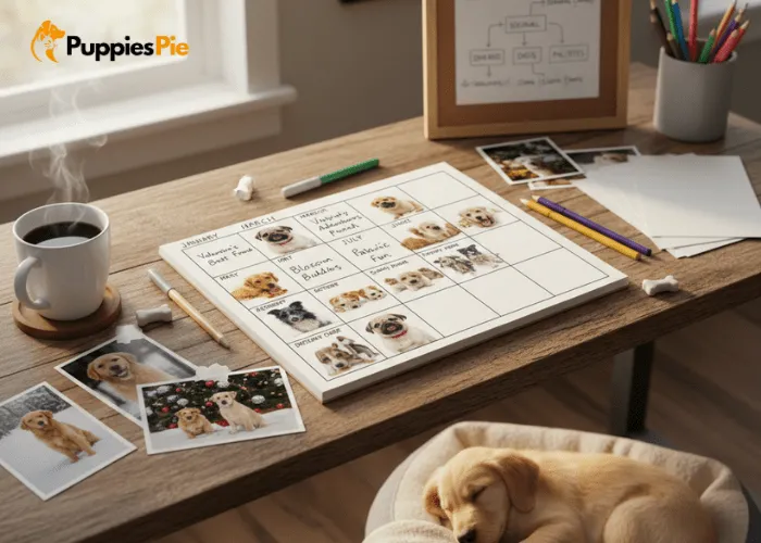 Planning creative monthly photo concepts for a custom dog calendar.