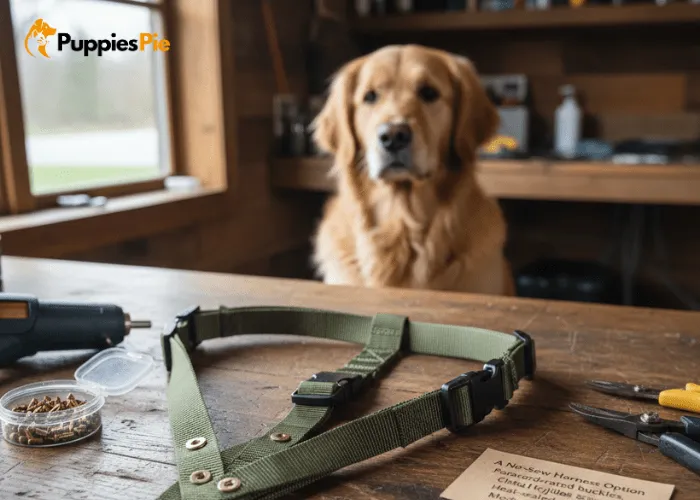 DIY no sew dog harness made with webbing, buckles, and metal hardware for a secure Y-front design.