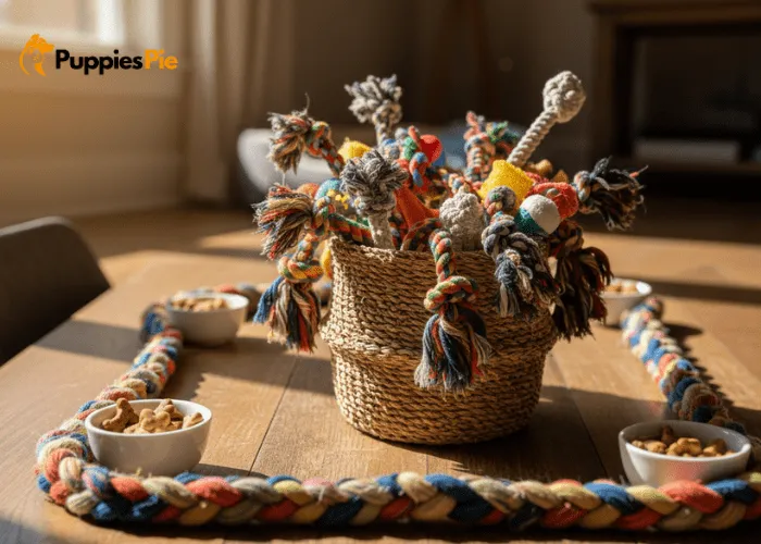 DIY Dog Birthday Party Decor: Ultimate Guide to Pet Celebrations 4 DIY dog birthday centerpiece featuring cleaned rope toys arranged like a bouquet in a vase for party table decor.