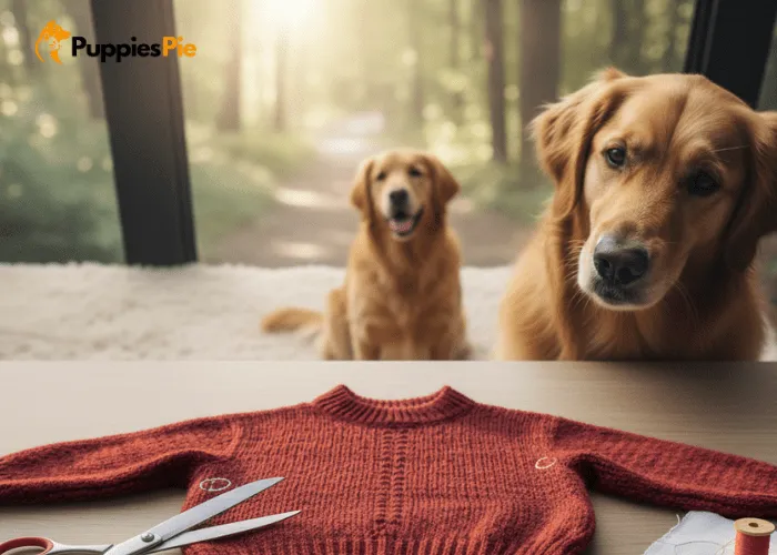 Upcycled Sweater into Dog Jacket – A Cozy DIY for Your Pup 3 Dog wearing a sweater section while the owner marks leg positions with chalk before cutting holes.