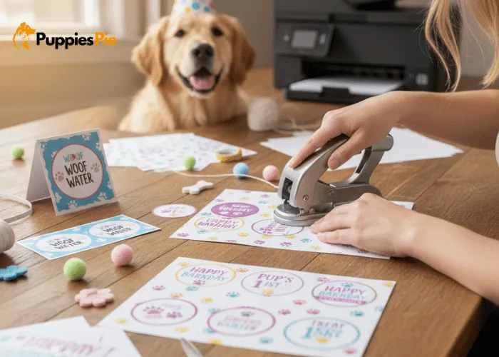 DIY Dog Birthday Party Decor: Ultimate Guide to Pet Celebrations 5 DIY dog birthday party printables including cupcake toppers and bottle wrappers printed on cardstock.