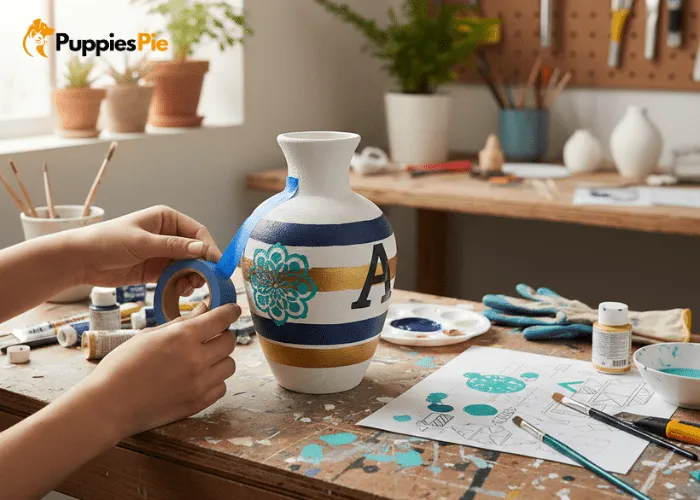 DIY dog treat box being painted with clean, taped-off sections to add simple, precise designs over the dried base color.